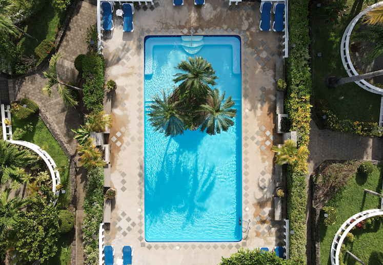 Drone shot of pool at a condominium community in Playa Hermosa